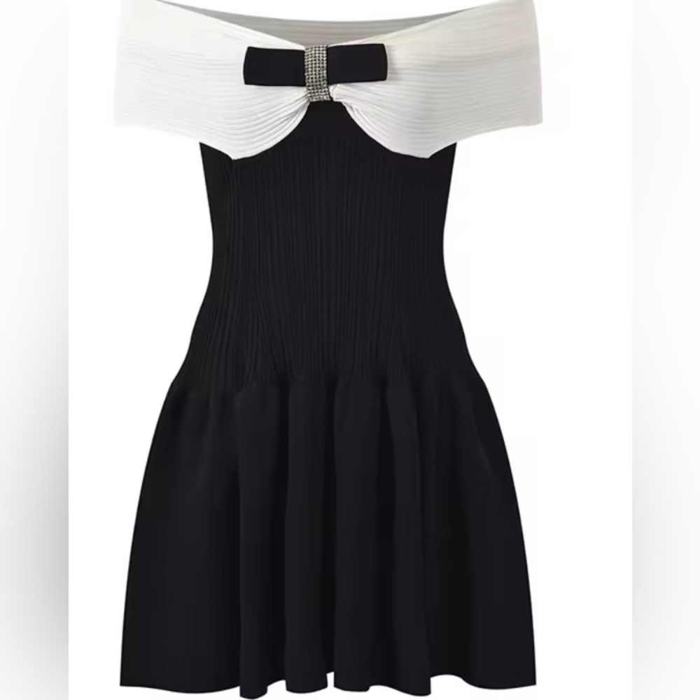 Self Portrait Bow Knit Mini Dress in Black